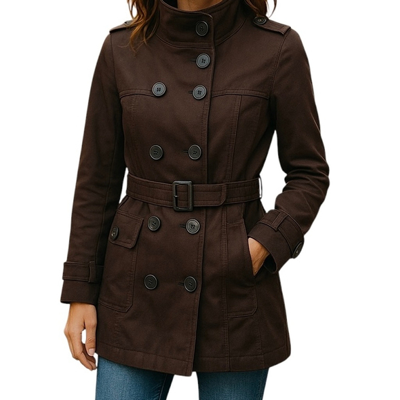 Armor Jeans Dark Brown Double Breasted Pea Coat Long Sleeve Jacket Belt Size XS - Picture 1 of 14